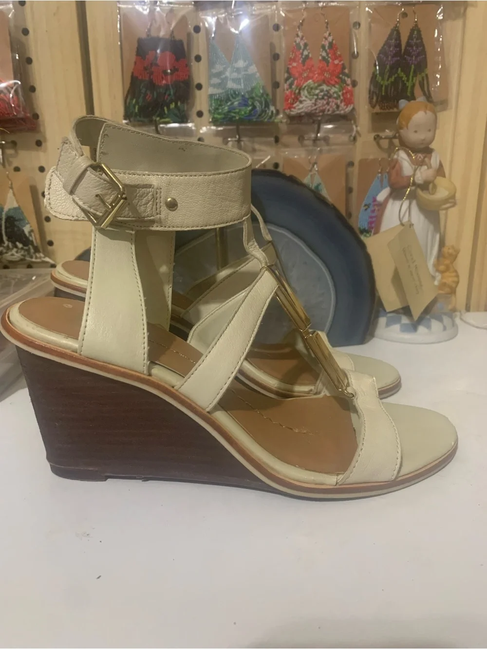 DV by Dolce Vita Cream Leather Wedge Sandals with Gold Accent